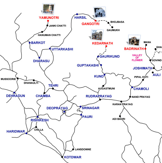 Char Dham yatra map - चार धाम यात्रा का नक्शा