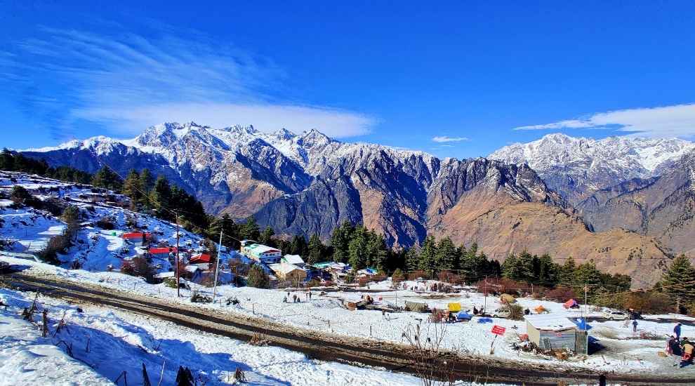 View of snow covered mountains from Auli