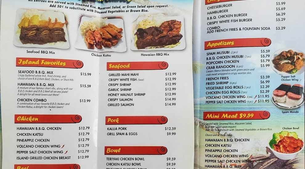 Food menu at hawaii restaurant